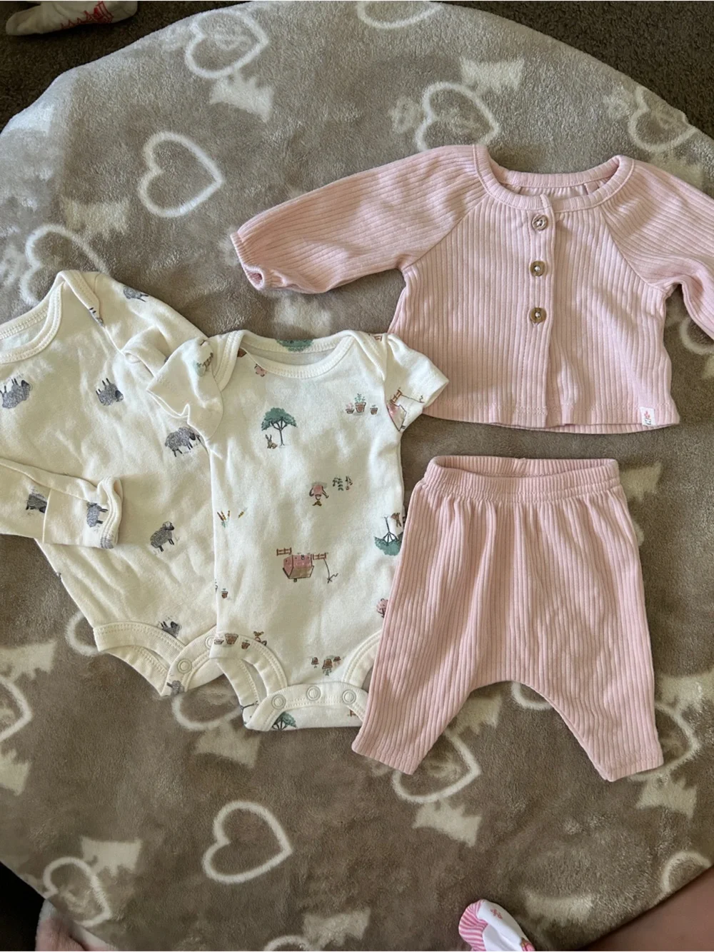 Pink Ribbed Baby Top & Cream Animal Print Bodysuits Set